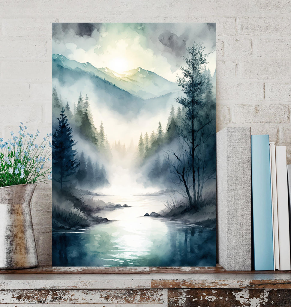 Misty Mountain River Watercolor Print, Forest Landscape Wall Art, Nature Inspired Canvas, Serene Woodland Poster, Foggy Valley Home Decor