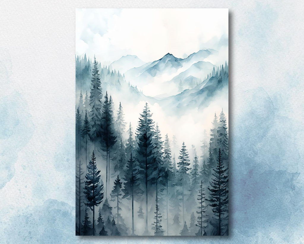 Forest Mountain Watercolor Print, Foggy Landscape Wall Art, Nature Inspired Canvas Art, Dark Evergreen Tree Poster, Woodland Home Decor