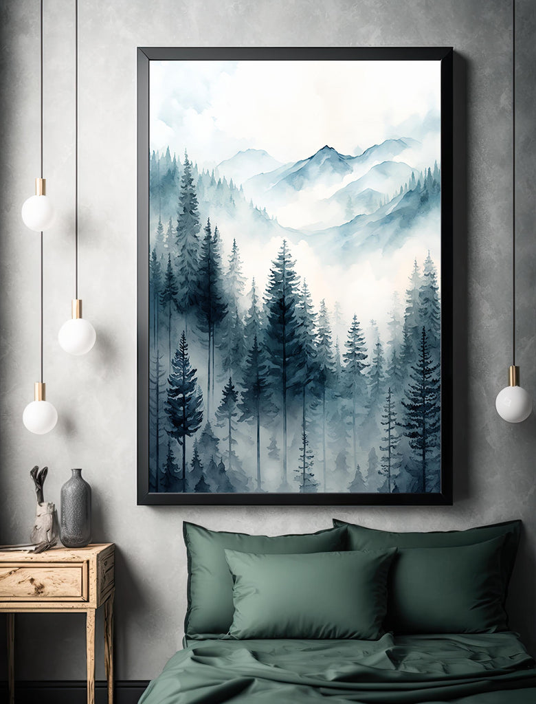 Forest Mountain Watercolor Print, Foggy Landscape Wall Art, Nature Inspired Canvas Art, Dark Evergreen Tree Poster, Woodland Home Decor