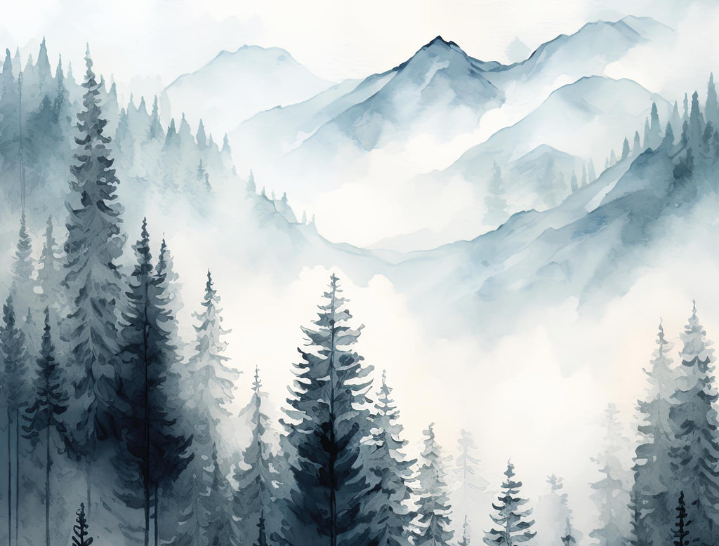 Forest Mountain Watercolor Print, Foggy Landscape Wall Art, Nature Inspired Canvas Art, Dark Evergreen Tree Poster, Woodland Home Decor