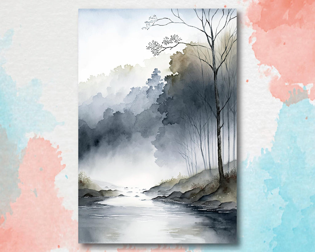 Foggy Forest Stream Watercolor Print, Nature Inspired River Canvas Art, Misty Woodland Poster, Moody Tranquil Landscape Wall Art Home Decor