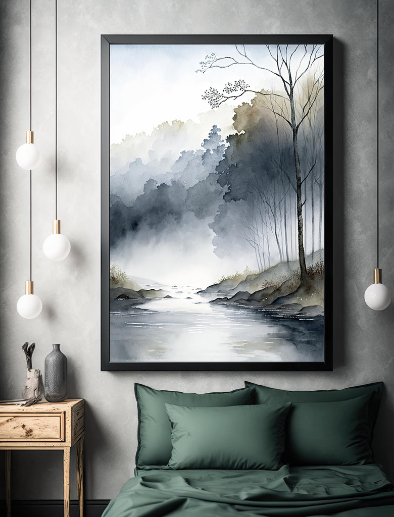 Foggy Forest Stream Watercolor Print, Nature Inspired River Canvas Art, Misty Woodland Poster, Moody Tranquil Landscape Wall Art Home Decor