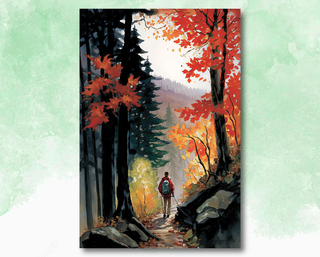 Autumn Forest Hiking Watercolor Print, Nature Inspired Hiker Wall Art, Fall Foliage Poster, Mountain Path Canvas Art, Woodland Home Decor