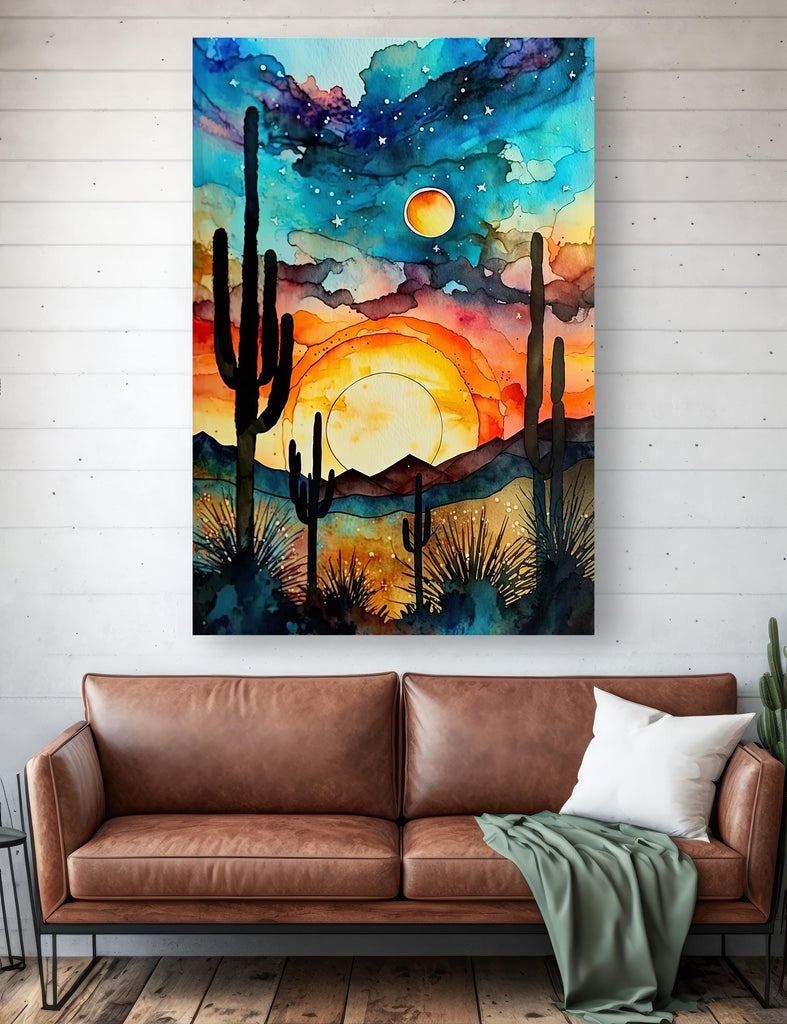 Desert Cactus Sunset Watercolor Print, Southwest Landscape Poster, Saguaro Cactus Canvas Art, Boho Western Wall Art Home Decor