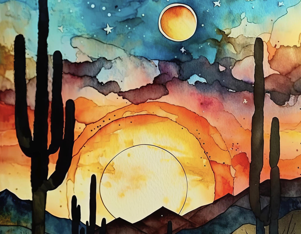 Desert Cactus Sunset Watercolor Print, Southwest Landscape Poster, Saguaro Cactus Canvas Art, Boho Western Wall Art Home Decor