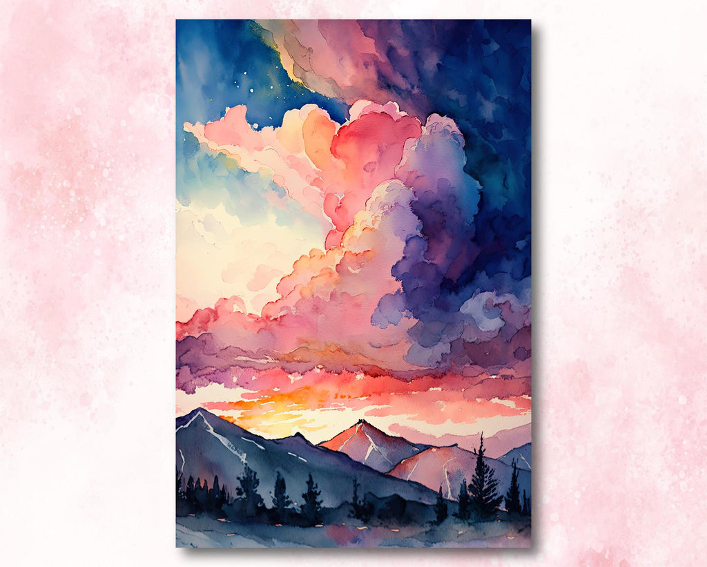 Mountain Cloud Sunset Wall Art Landscape Cabin Decor Painting Watercolor Print Outdoorsy Gifts Nature Inspired Woodland Cottagecore Decor