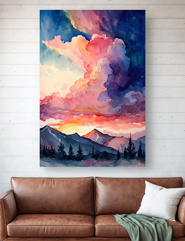 Mountain Cloud Sunset Wall Art Landscape Cabin Decor Painting Watercolor Print Outdoorsy Gifts Nature Inspired Woodland Cottagecore Decor