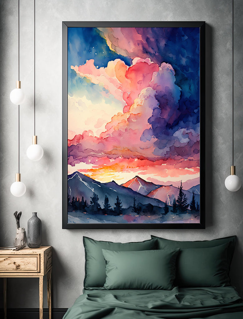 Mountain Cloud Sunset Wall Art Landscape Cabin Decor Painting Watercolor Print Outdoorsy Gifts Nature Inspired Woodland Cottagecore Decor