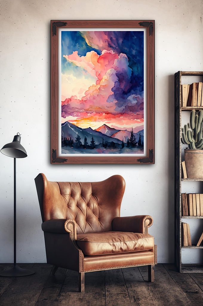 Mountain Cloud Sunset Wall Art Landscape Cabin Decor Painting Watercolor Print Outdoorsy Gifts Nature Inspired Woodland Cottagecore Decor