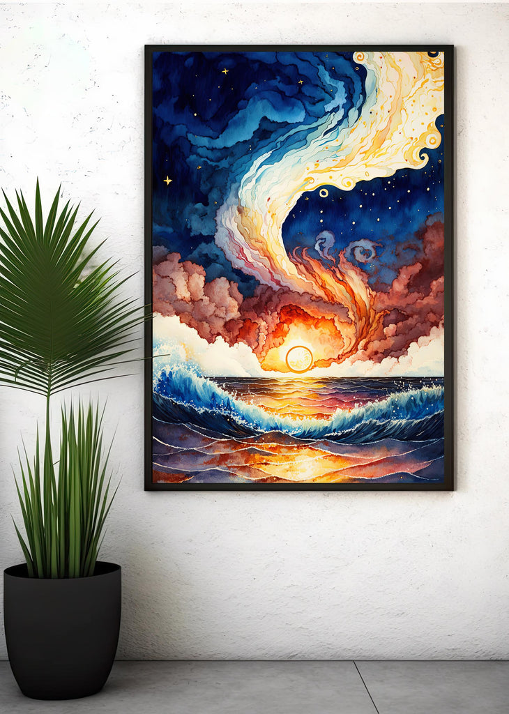 Ocean Wave Sunset Watercolor Print, Starry Night Sky Inspired Seascape Poster, Abstract Sea Nature Canvas Art, Vibrant Wall Art Home Decor