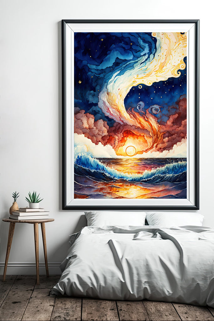 Ocean Wave Sunset Watercolor Print, Starry Night Sky Inspired Seascape Poster, Abstract Sea Nature Canvas Art, Vibrant Wall Art Home Decor