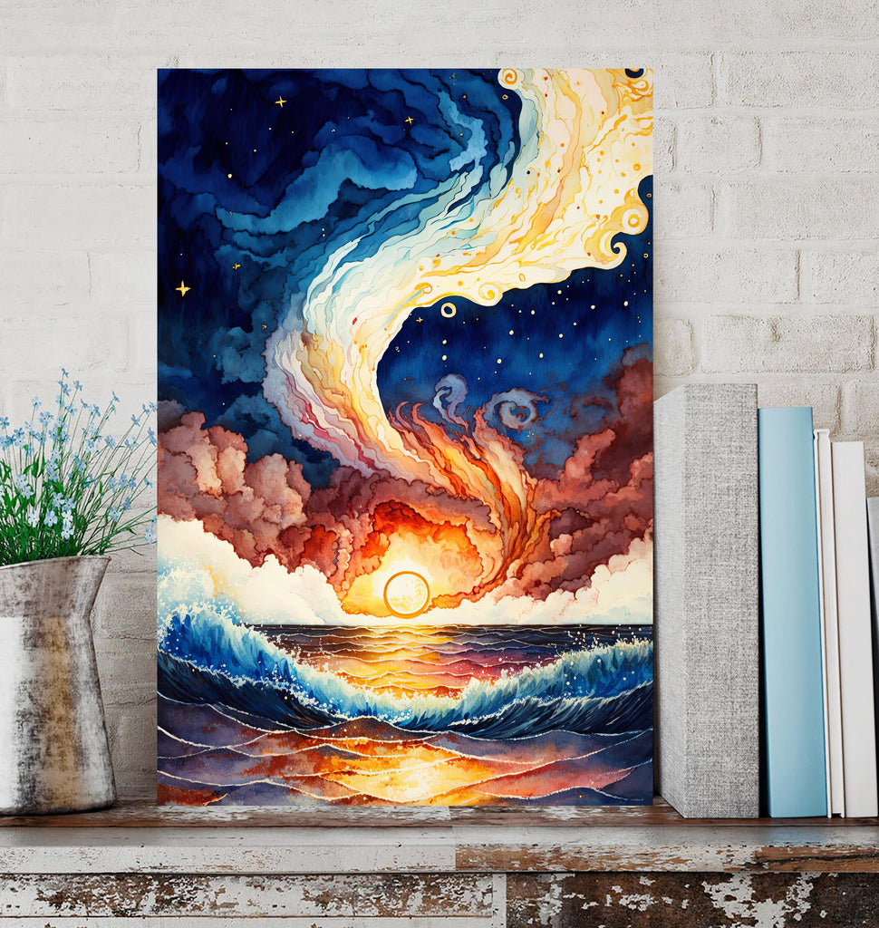 Ocean Wave Sunset Watercolor Print, Starry Night Sky Inspired Seascape Poster, Abstract Sea Nature Canvas Art, Vibrant Wall Art Home Decor