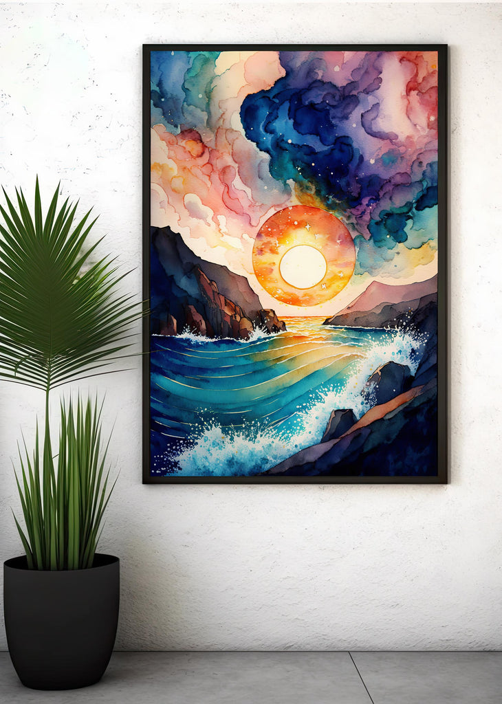 Ocean Wave Sunset Watercolor Print, Starry Night Sky Inspired Seascape Poster, Abstract Sea Nature Canvas Art, Vibrant Wall Art Home Decor