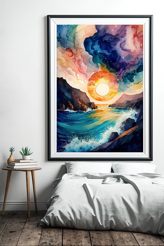 Ocean Wave Sunset Watercolor Print, Starry Night Sky Inspired Seascape Poster, Abstract Sea Nature Canvas Art, Vibrant Wall Art Home Decor