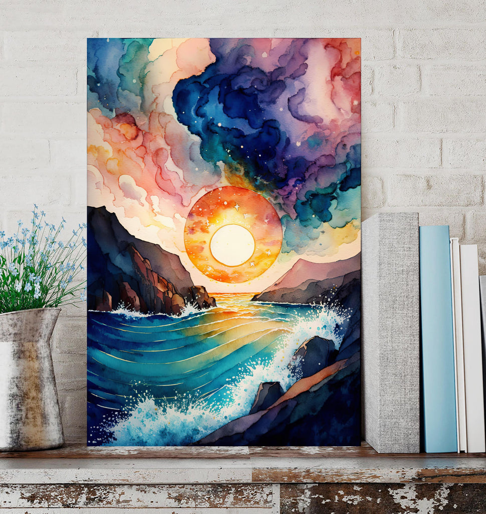 Ocean Wave Sunset Watercolor Print, Starry Night Sky Inspired Seascape Poster, Abstract Sea Nature Canvas Art, Vibrant Wall Art Home Decor