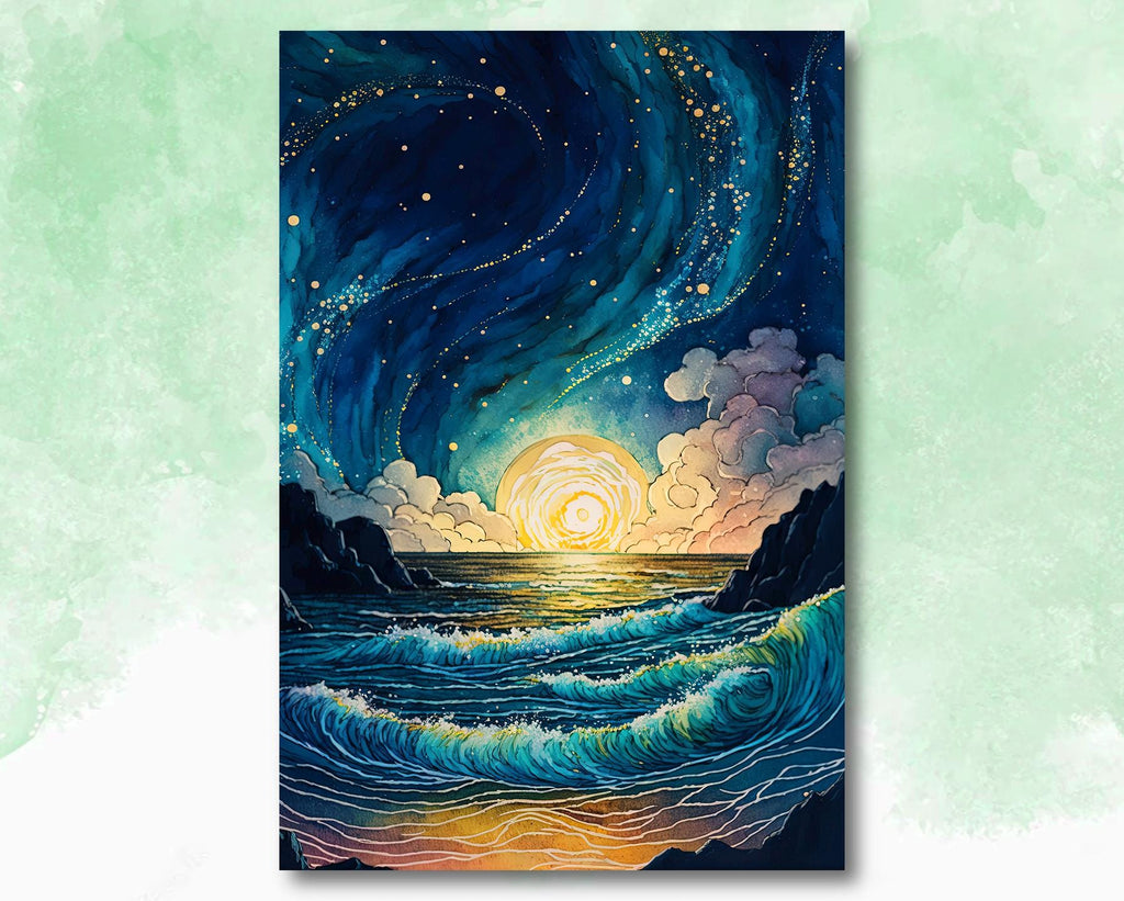 Ocean Wave Sunset Watercolor Print, Starry Night Sky Inspired Seascape Poster, Abstract Sea Nature Canvas Art, Vibrant Wall Art Home Decor