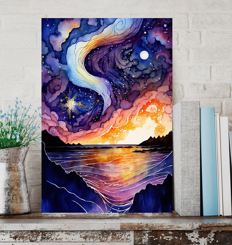 Ocean Wave Sunset Watercolor Print, Starry Night Sky Inspired Seascape Poster, Abstract Sea Nature Canvas Art, Vibrant Wall Art Home Decor