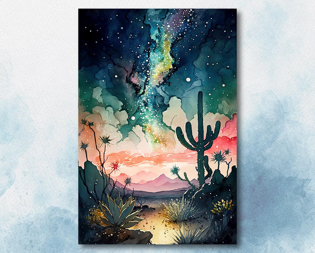 Desert Cactus Sunset Watercolor Print, Southwest Landscape Poster, Saguaro Cactus Canvas Art, Boho Western Wall Art Home Decor