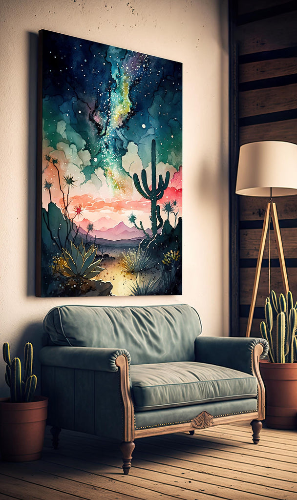 Desert Cactus Sunset Watercolor Print, Southwest Landscape Poster, Saguaro Cactus Canvas Art, Boho Western Wall Art Home Decor