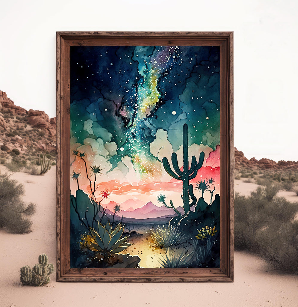 Desert Cactus Sunset Watercolor Print, Southwest Landscape Poster, Saguaro Cactus Canvas Art, Boho Western Wall Art Home Decor