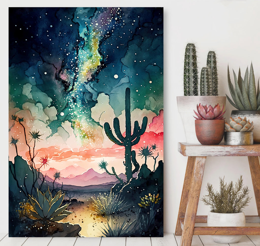 Desert Cactus Sunset Watercolor Print, Southwest Landscape Poster, Saguaro Cactus Canvas Art, Boho Western Wall Art Home Decor