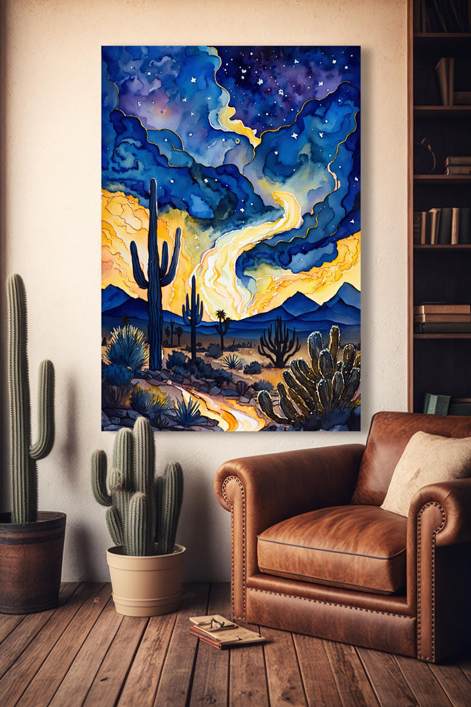 Desert Cactus Sunset Watercolor Print, Southwest Landscape Poster, Saguaro Cactus Canvas Art, Boho Western Wall Art Home Decor