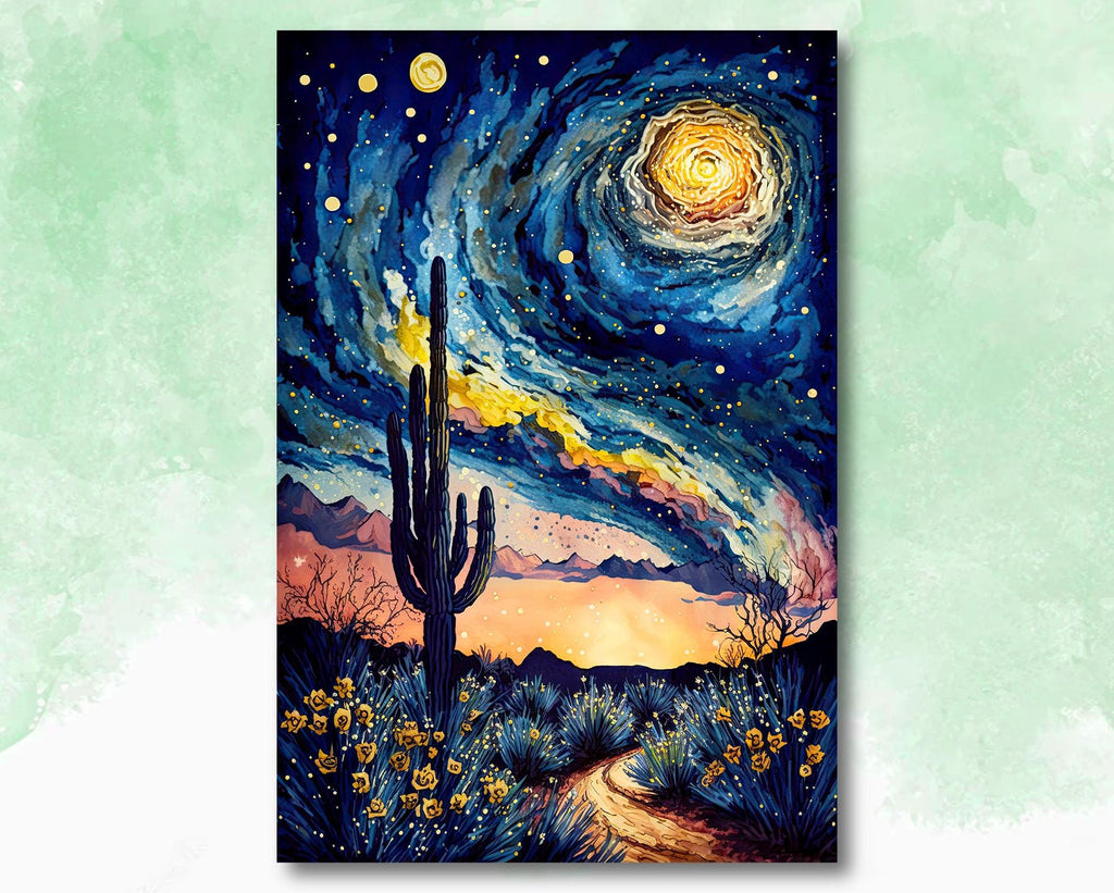 Desert Cactus Sunset Watercolor Print, Southwest Landscape Poster, Saguaro Cactus Canvas Art, Boho Western Wall Art Home Decor