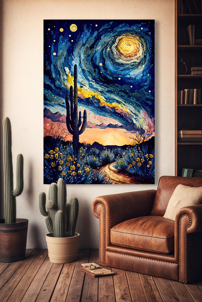 Desert Cactus Sunset Watercolor Print, Southwest Landscape Poster, Saguaro Cactus Canvas Art, Boho Western Wall Art Home Decor