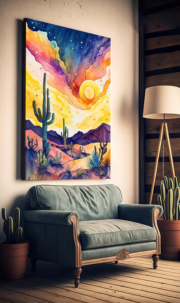 Desert Cactus Sunset Watercolor Print, Southwest Landscape Poster, Saguaro Cactus Canvas Art, Boho Western Wall Art Home Decor