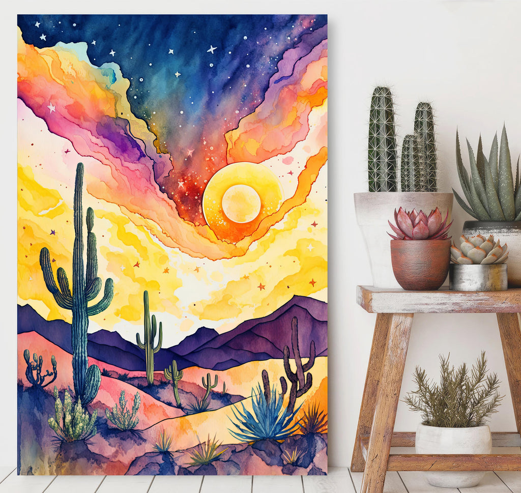 Desert Cactus Sunset Watercolor Print, Southwest Landscape Poster, Saguaro Cactus Canvas Art, Boho Western Wall Art Home Decor