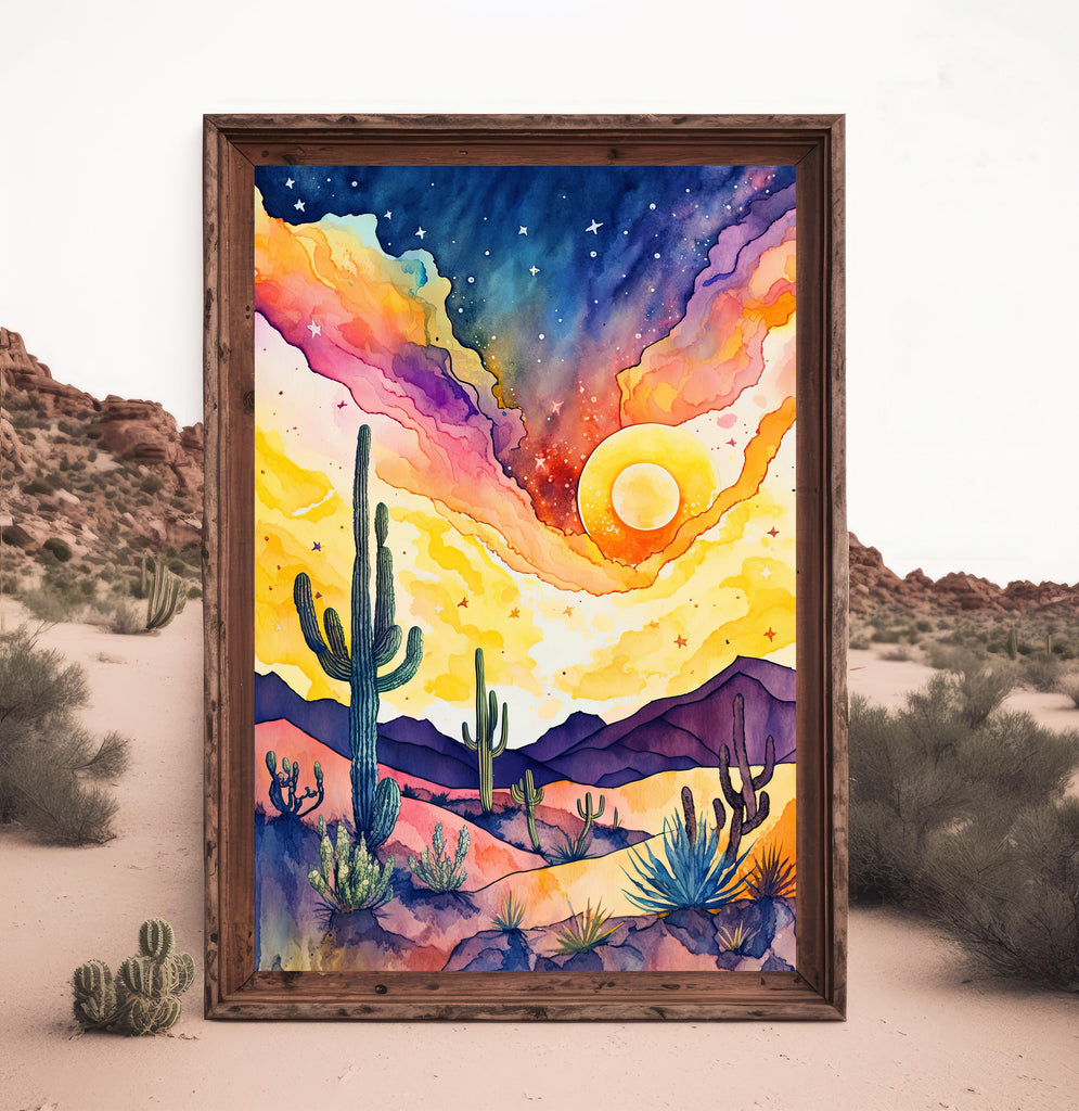 Desert Cactus Sunset Watercolor Print, Southwest Landscape Poster, Saguaro Cactus Canvas Art, Boho Western Wall Art Home Decor