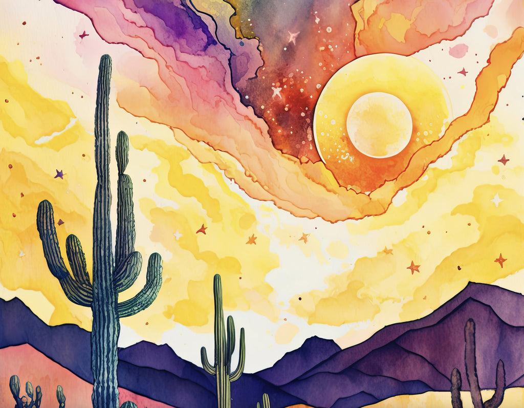 Desert Cactus Sunset Watercolor Print, Southwest Landscape Poster, Saguaro Cactus Canvas Art, Boho Western Wall Art Home Decor