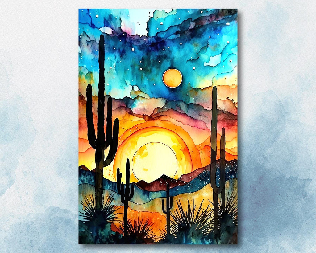 Desert Cactus Sunset Watercolor Print, Southwest Landscape Poster, Saguaro Cactus Canvas Art, Boho Western Wall Art Home Decor