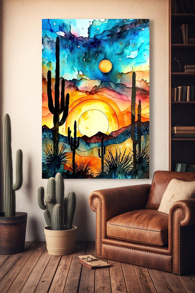 Desert Cactus Sunset Watercolor Print, Southwest Landscape Poster, Saguaro Cactus Canvas Art, Boho Western Wall Art Home Decor