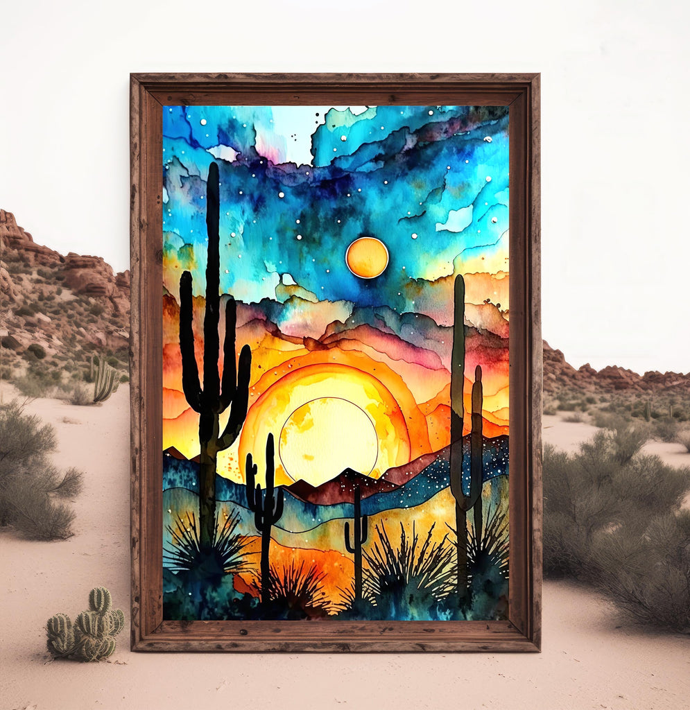 Desert Cactus Sunset Watercolor Print, Southwest Landscape Poster, Saguaro Cactus Canvas Art, Boho Western Wall Art Home Decor