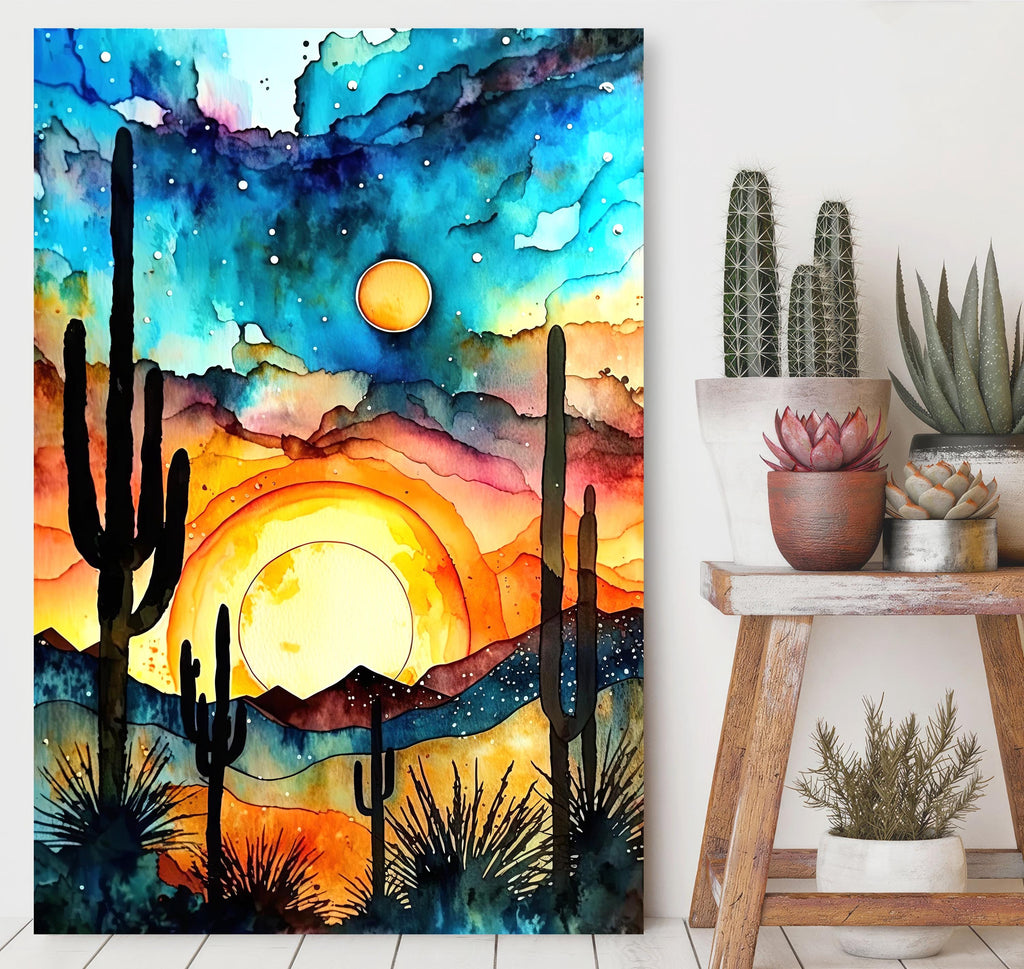 Desert Cactus Sunset Watercolor Print, Southwest Landscape Poster, Saguaro Cactus Canvas Art, Boho Western Wall Art Home Decor