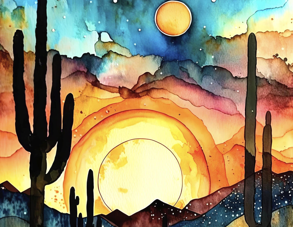 Desert Cactus Sunset Watercolor Print, Southwest Landscape Poster, Saguaro Cactus Canvas Art, Boho Western Wall Art Home Decor