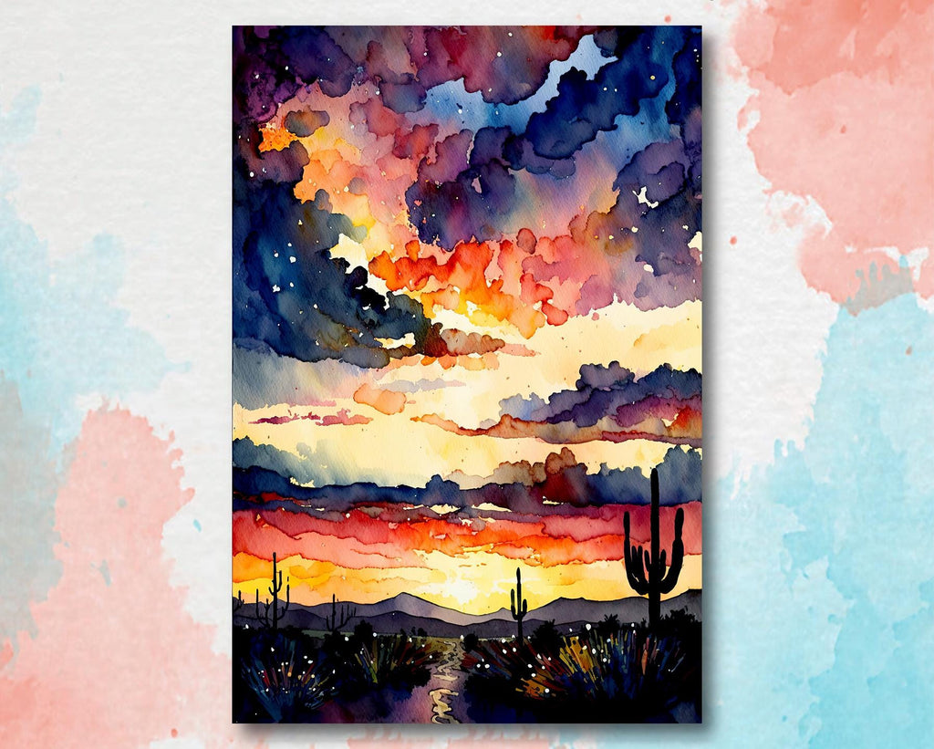 Desert Cactus Sunset Watercolor Print, Southwest Landscape Poster, Saguaro Cactus Canvas Art, Boho Western Wall Art Home Decor