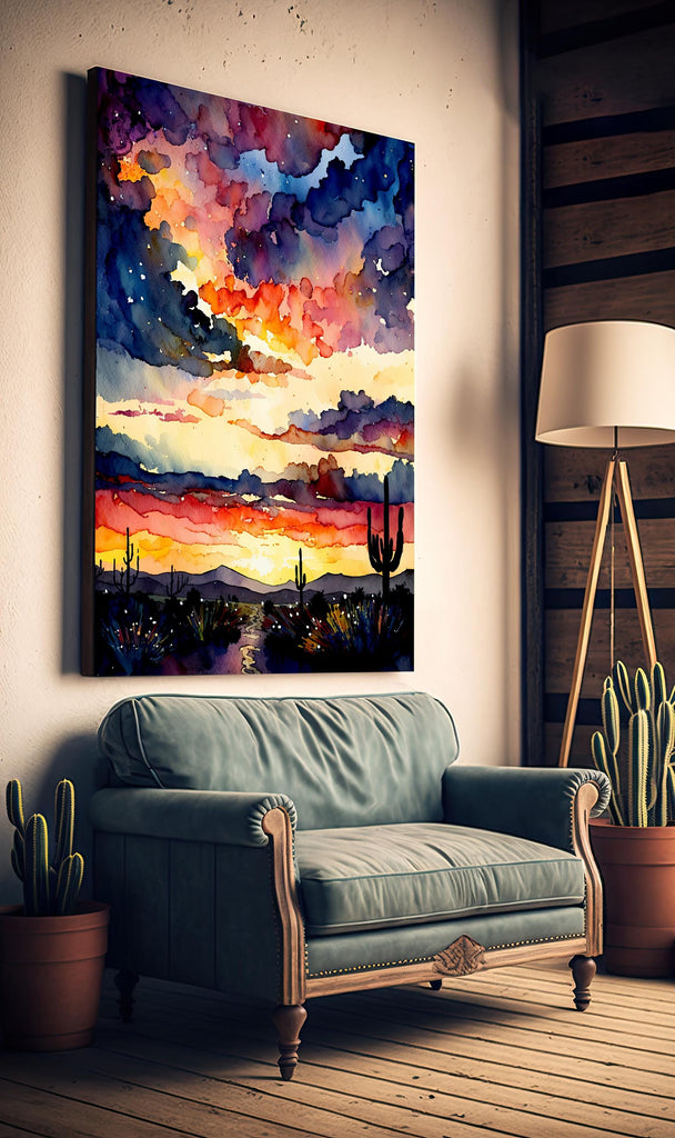 Desert Cactus Sunset Watercolor Print, Southwest Landscape Poster, Saguaro Cactus Canvas Art, Boho Western Wall Art Home Decor