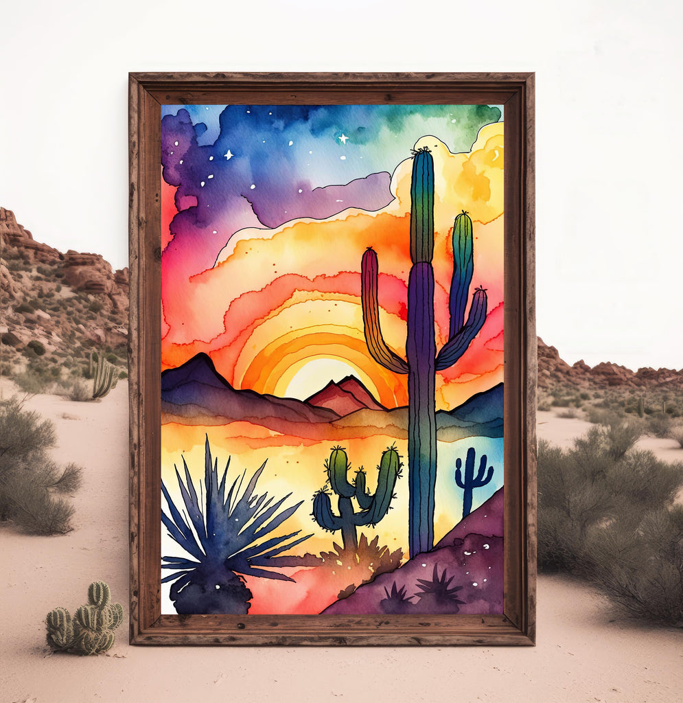 Desert Cactus Sunset Watercolor Print, Southwest Landscape Poster, Saguaro Cactus Canvas Art, Boho Western Wall Art Home Decor