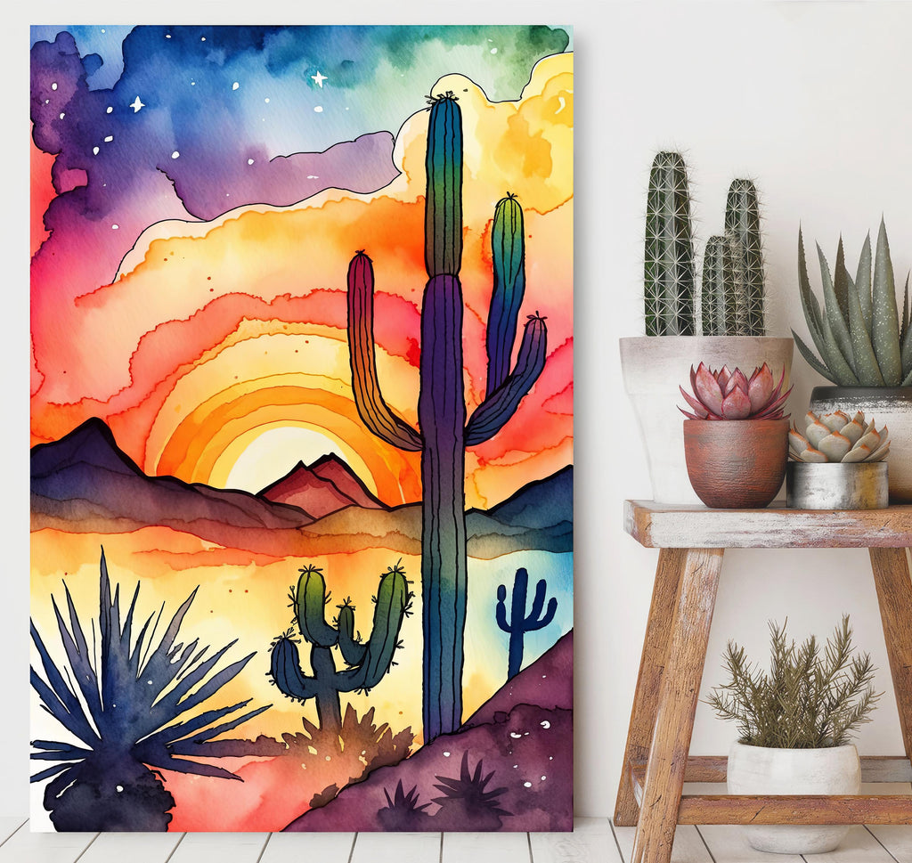 Desert Cactus Sunset Watercolor Print, Southwest Landscape Poster, Saguaro Cactus Canvas Art, Boho Western Wall Art Home Decor