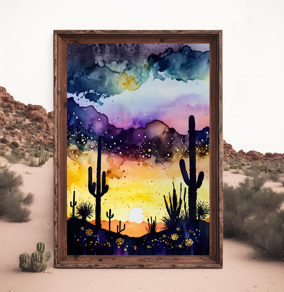 Desert Cactus Sunset Watercolor Print, Southwest Landscape Poster, Saguaro Cactus Canvas Art, Boho Western Wall Art Home Decor