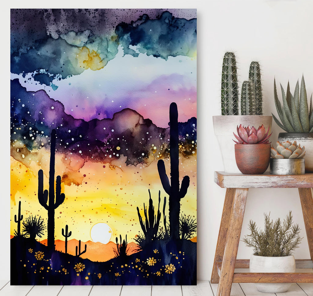 Desert Cactus Sunset Watercolor Print, Southwest Landscape Poster, Saguaro Cactus Canvas Art, Boho Western Wall Art Home Decor