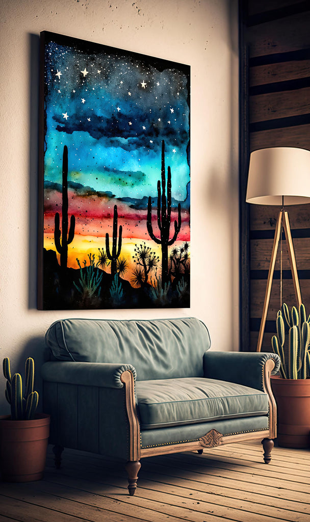 Desert Cactus Sunset Watercolor Print, Southwest Landscape Poster, Saguaro Cactus Canvas Art, Boho Western Wall Art Home Decor