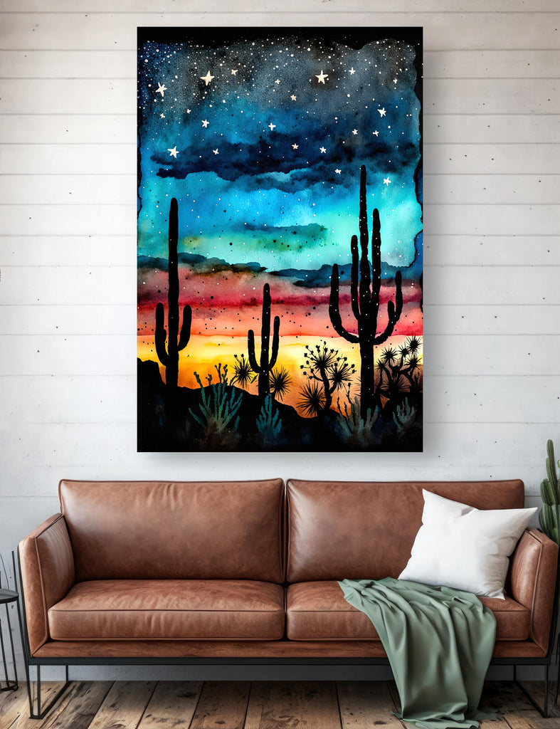 Desert Cactus Sunset Watercolor Print, Southwest Landscape Poster, Saguaro Cactus Canvas Art, Boho Western Wall Art Home Decor