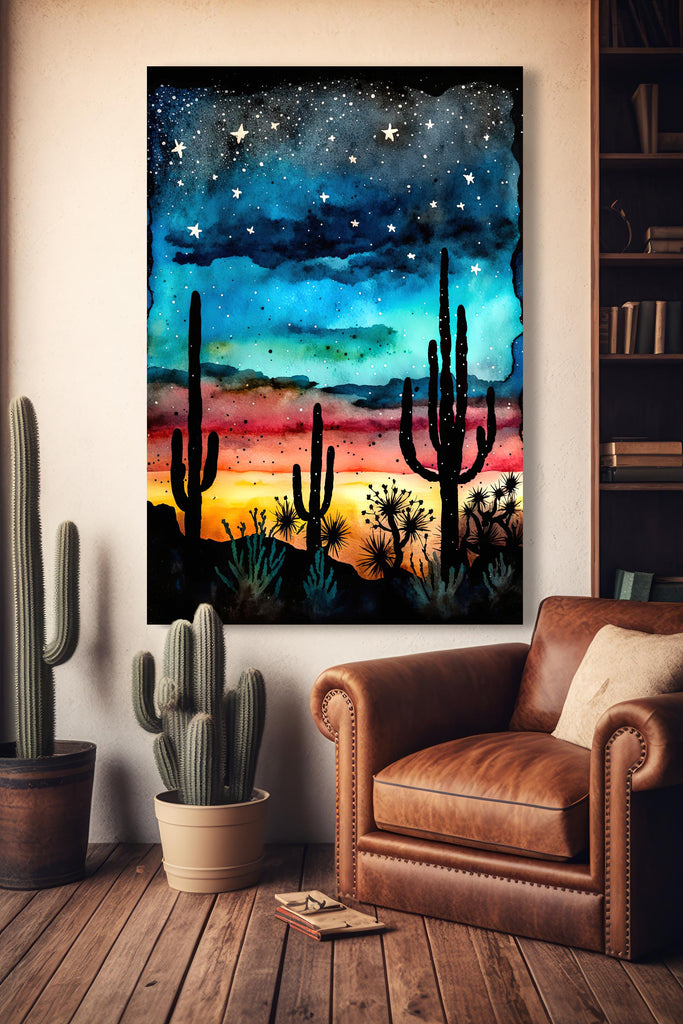 Desert Cactus Sunset Watercolor Print, Southwest Landscape Poster, Saguaro Cactus Canvas Art, Boho Western Wall Art Home Decor