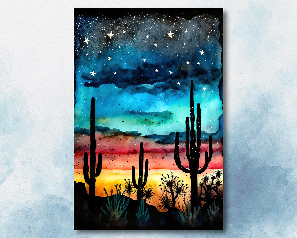 Desert Cactus Sunset Watercolor Print, Southwest Landscape Poster, Saguaro Cactus Canvas Art, Boho Western Wall Art Home Decor