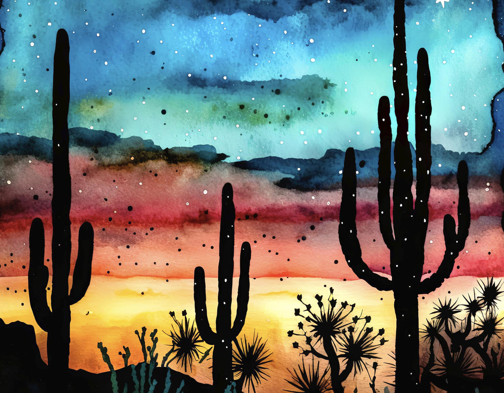 Desert Cactus Sunset Watercolor Print, Southwest Landscape Poster, Saguaro Cactus Canvas Art, Boho Western Wall Art Home Decor