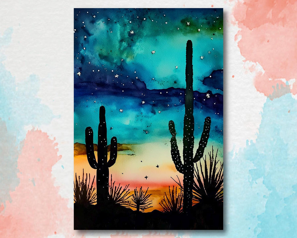 Desert Cactus Sunset Watercolor Print, Southwest Landscape Poster, Saguaro Cactus Canvas Art, Boho Western Wall Art Home Decor