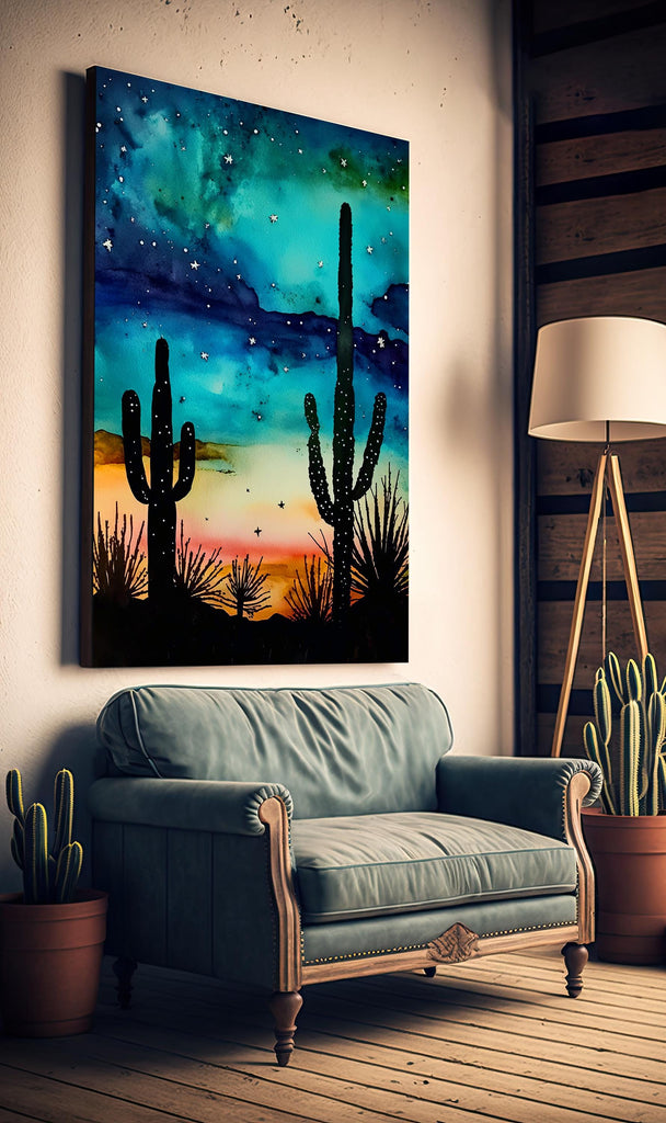 Desert Cactus Sunset Watercolor Print, Southwest Landscape Poster, Saguaro Cactus Canvas Art, Boho Western Wall Art Home Decor